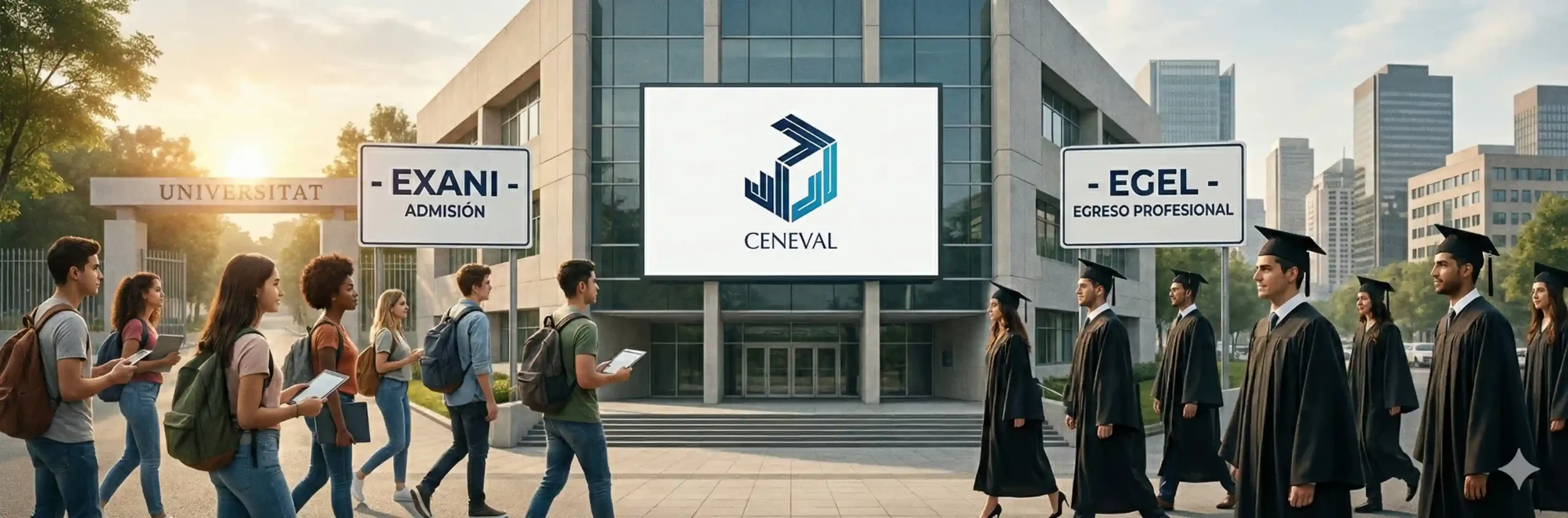 Banner panorámico realista con estudiantes realizando exámenes CENEVAL en laptops; al centro el logotipo de CENEVAL rodeado de iconos de EXANI-II y EGEL.