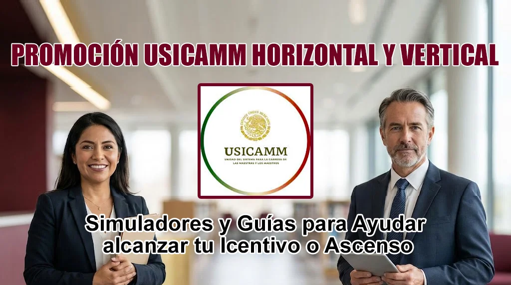 Maestra y director escolar en una biblioteca moderna, representando la Promoción Horizontal y Vertical USICAMM 2026.