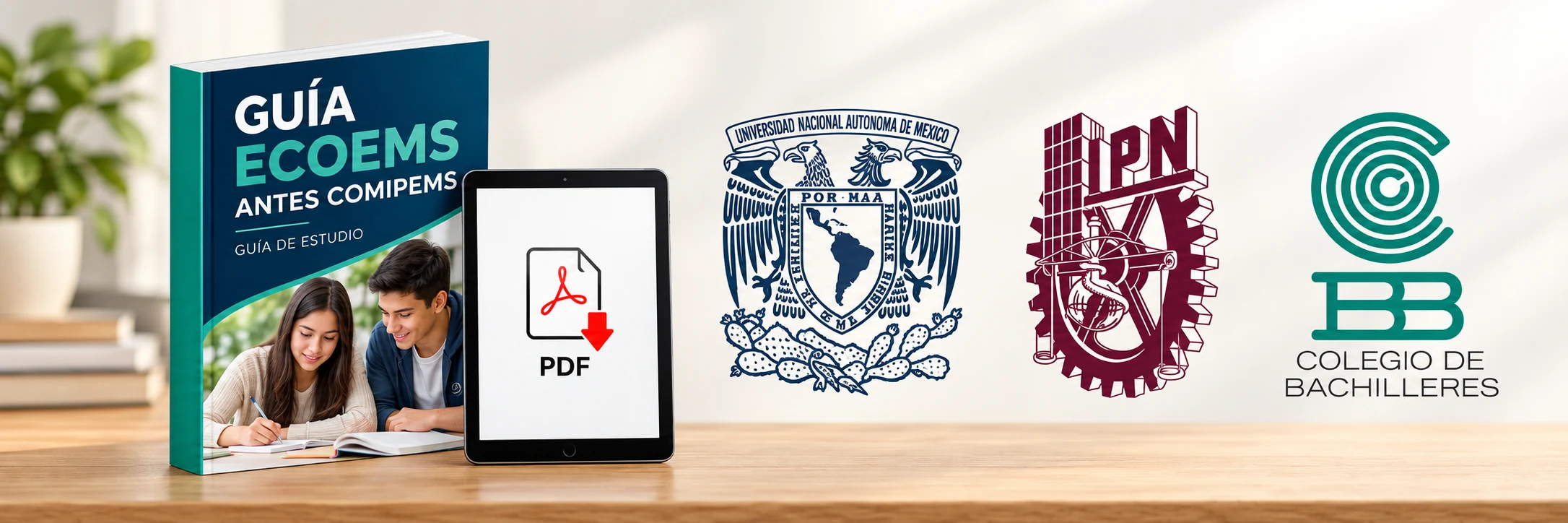 Guía de estudio COMIPEMS ECOEMS 2026 en PDF y formato físico con logos de UNAM, IPN y prepas sobre un escritorio moderno de estudiante.