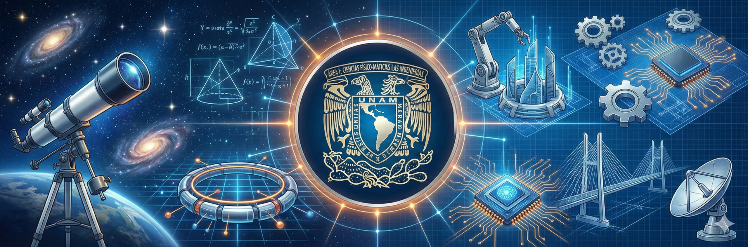 Escudo de la UNAM con un telescopio, fórmulas de física, engranes, un circuito y un puente, símbolos del Área 1