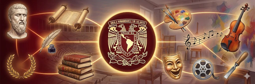 Escudo de la UNAM con un busto de filósofo, pergaminos, una paleta de pintor, un violín, máscaras de teatro y un rollo de película, símbolos del Área 4