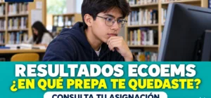 Resultados ECOEMS (antes COMIPEMS): estudiante consulta en la computadora en qué prepa se quedó