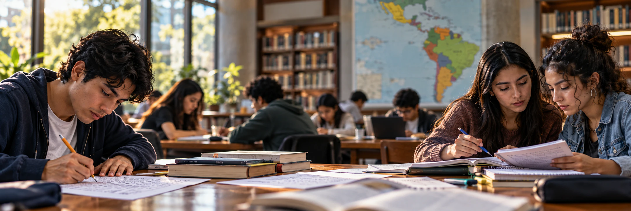 Estudiantes preparándose para su examen de admisión en una biblioteca, estudiando con libros y apuntes