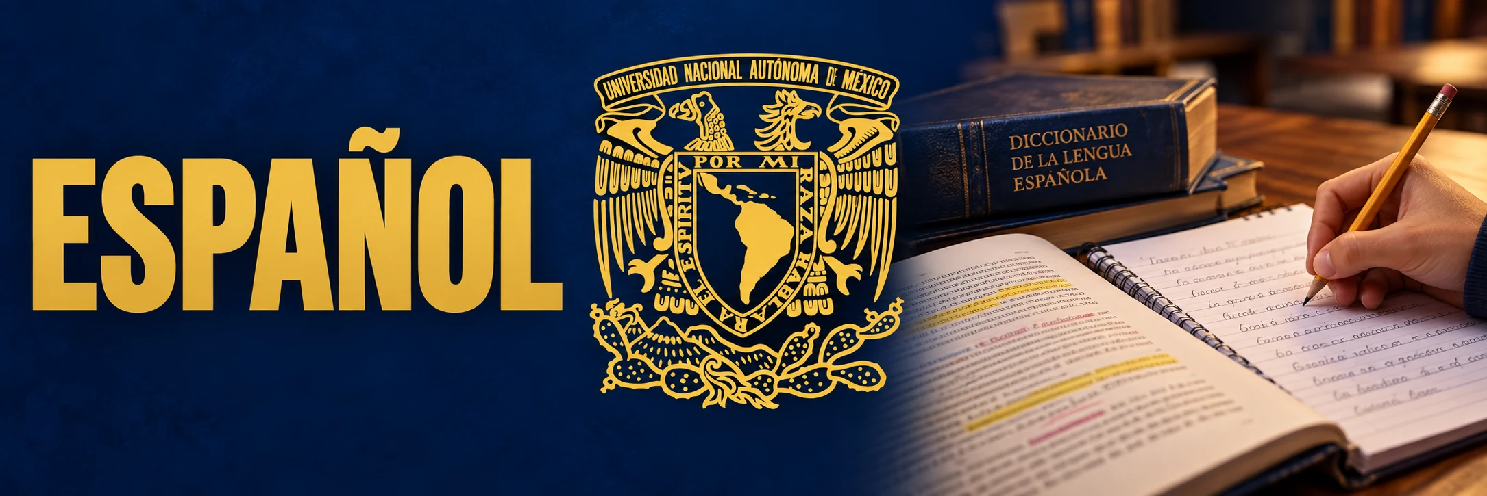 Examen simulador de Español UNAM con escudo de la UNAM, un diccionario de la lengua española, un libro con textos subrayados y una mano escribiendo