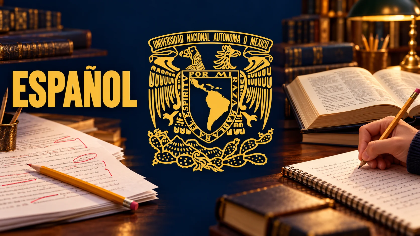 Portada del simulacro de Español para la admisión UNAM: un escritorio con libros, un cuaderno y una hoja con correcciones ortográficas