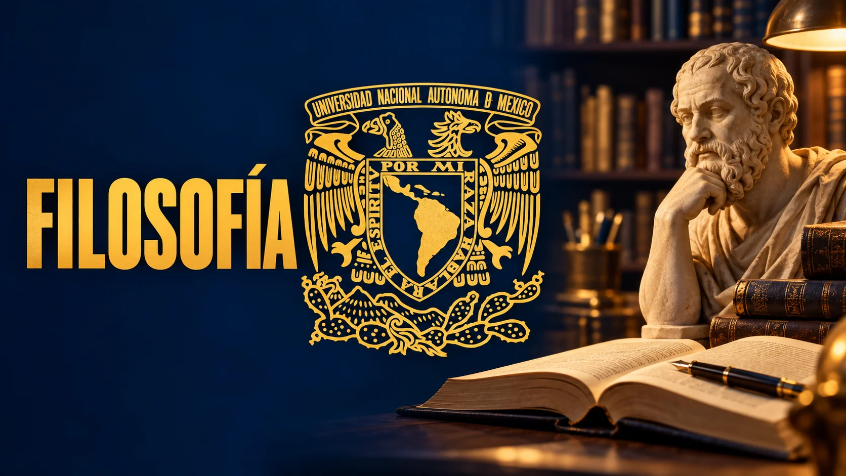Portada del simulacro de Filosofía para la admisión UNAM: un filósofo griego pensativo junto a un libro abierto y una lámpara