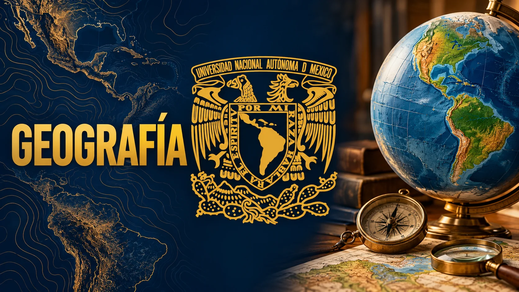 Portada del simulacro de Geografía para la admisión UNAM: un globo terráqueo, una lupa, una brújula y un mapa en relieve