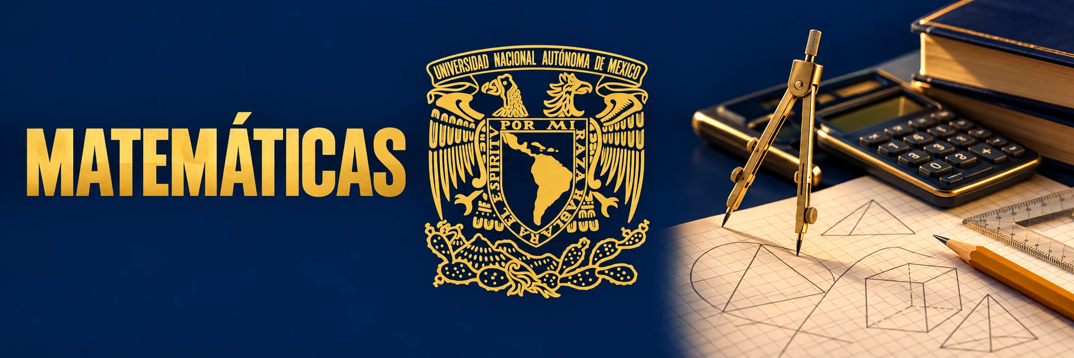 Examen simulador de Matemáticas UNAM con escudo de la UNAM, un compás, una calculadora y figuras geométricas trazadas en papel