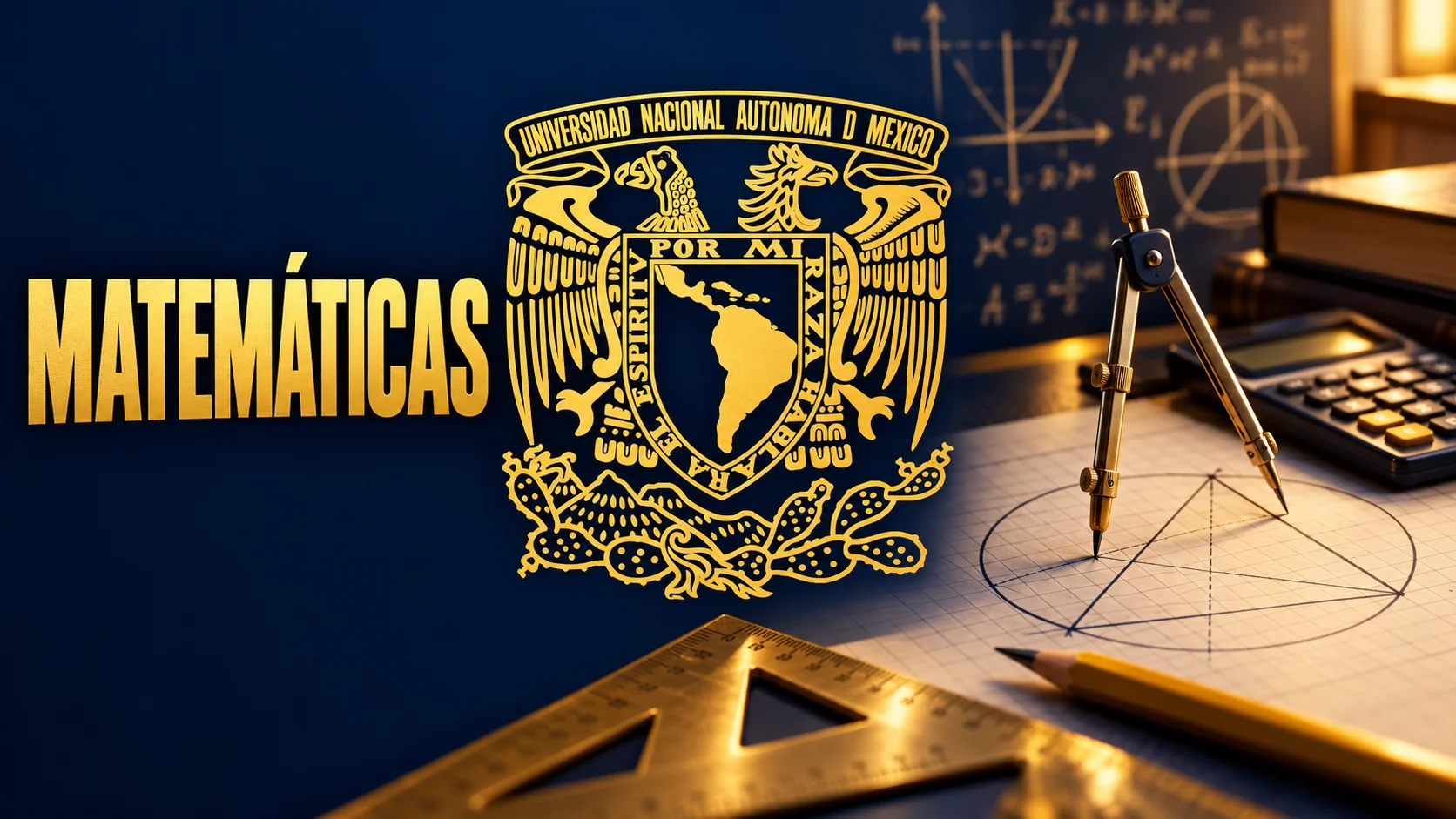 Portada del simulacro de Matemáticas para la admisión UNAM: un compás, una escuadra y un pizarrón con gráficas