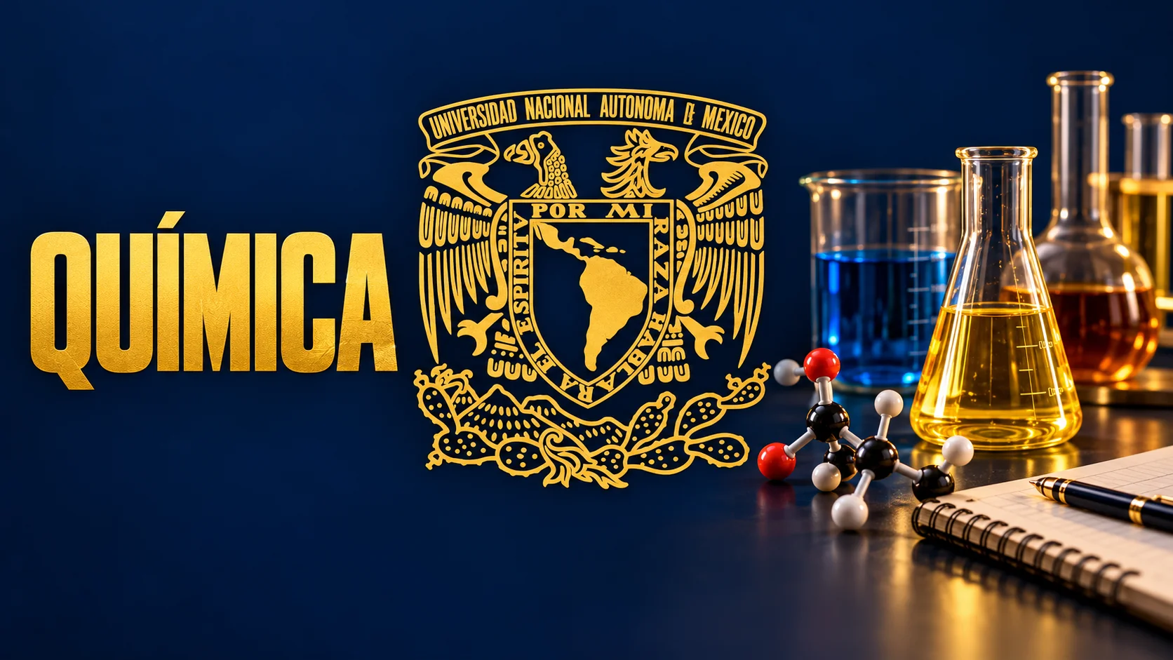 Portada del simulacro de Química para la admisión UNAM: un matraz Erlenmeyer, vasos de precipitado y un modelo de moléculas