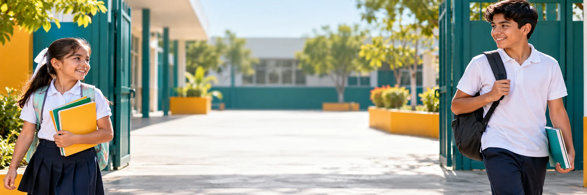 Alumnos de primaria y secundaria saliendo de una escuela pública, beneficiarios de la Beca Rita Cetina