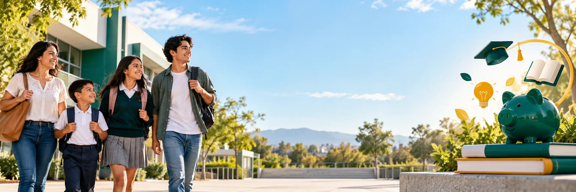Familia mexicana con estudiantes de primaria, secundaria, preparatoria y universidad camino a la escuela, guía de becas en México