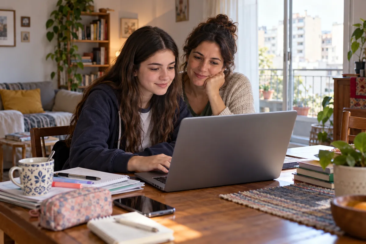 Becas Ciudad secundaria: madre y su hija completando la inscripción en casa