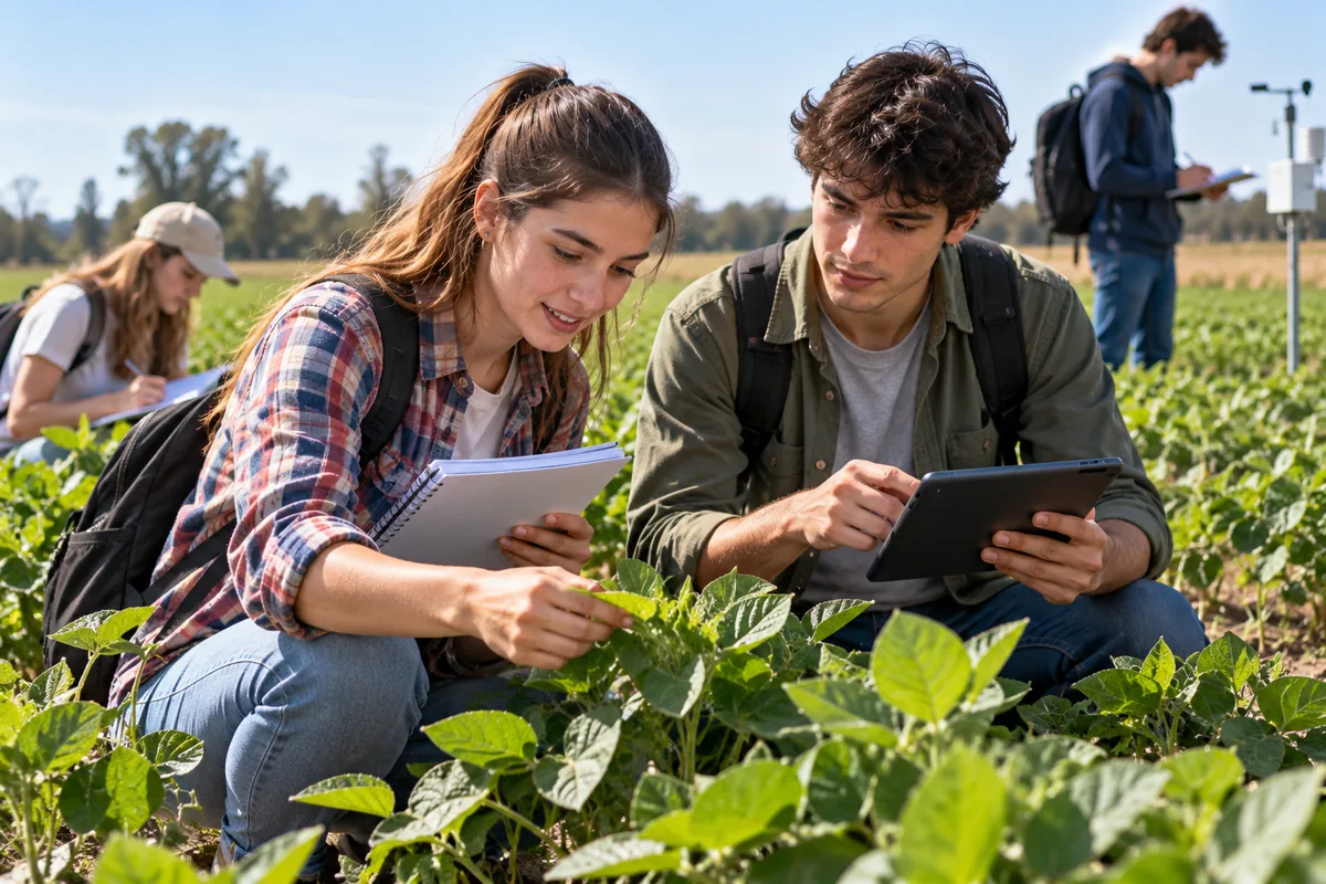 Becas Manuel Belgrano convocatoria: estudiantes de agronomía en un campo experimental