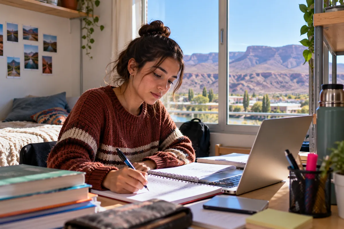 Becas Neuquén: estudiante universitaria estudiando en una residencia