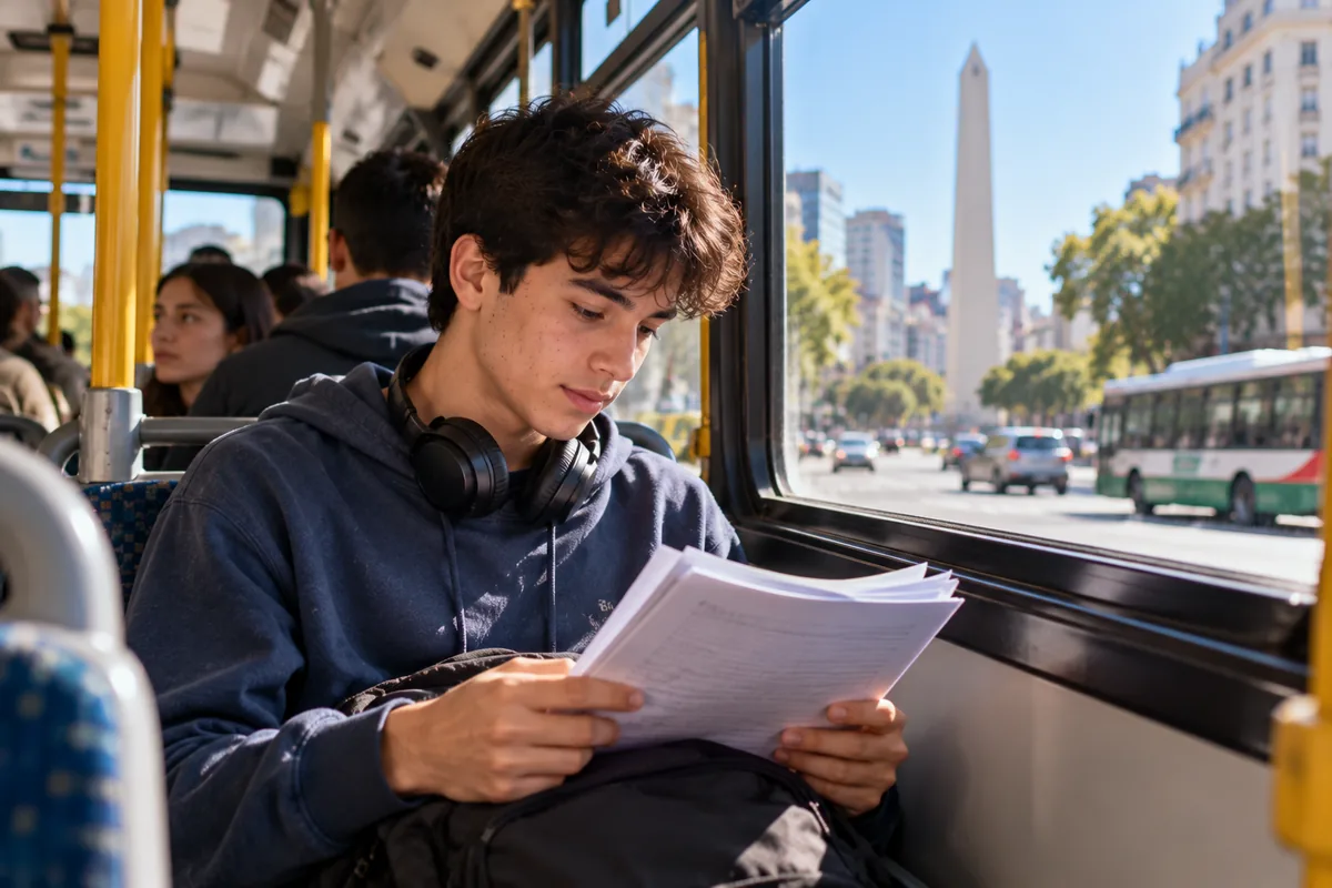 Becas para estudiantes universitarios argentina: joven del CBC estudiando en el colectivo