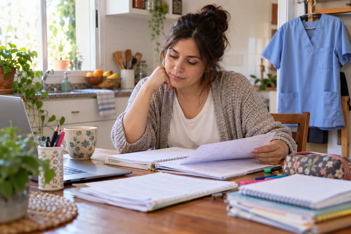 Becas Progresar enfermería: estudiante adulta repasando apuntes de enfermería