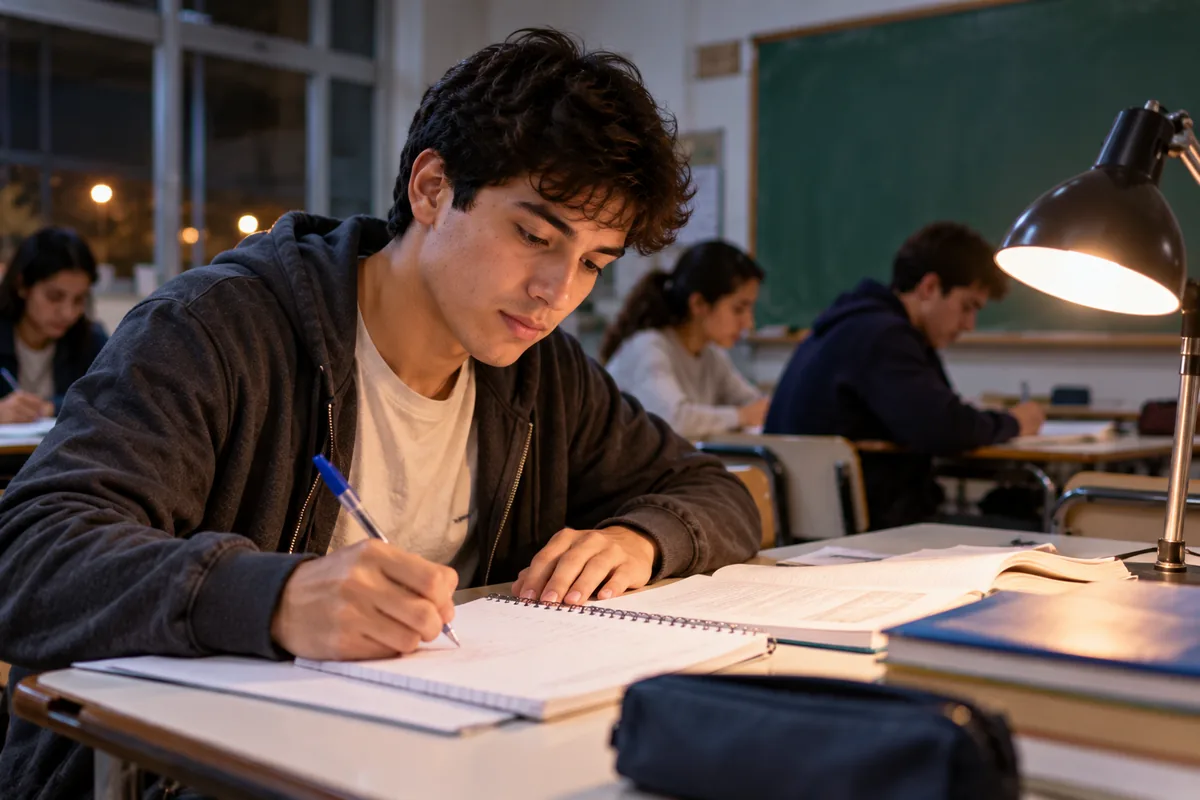 Becas Progresar secundario: joven estudiando de noche para terminar el secundario