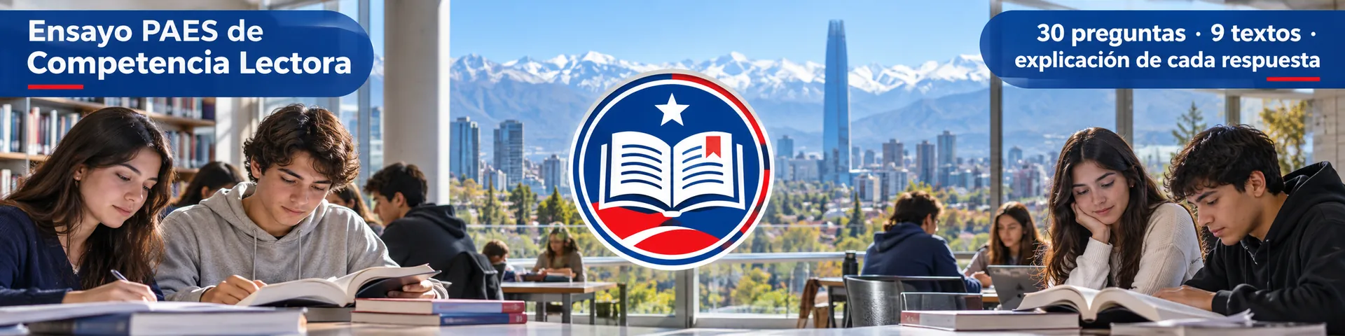 Jóvenes leen y analizan textos en una biblioteca para la PAES de Competencia Lectora