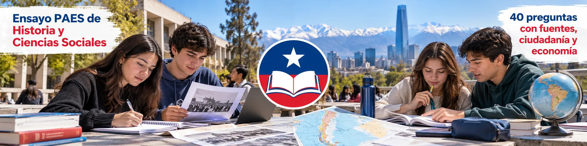 Jóvenes estudian mapas y fuentes para la PAES de Historia y Ciencias Sociales