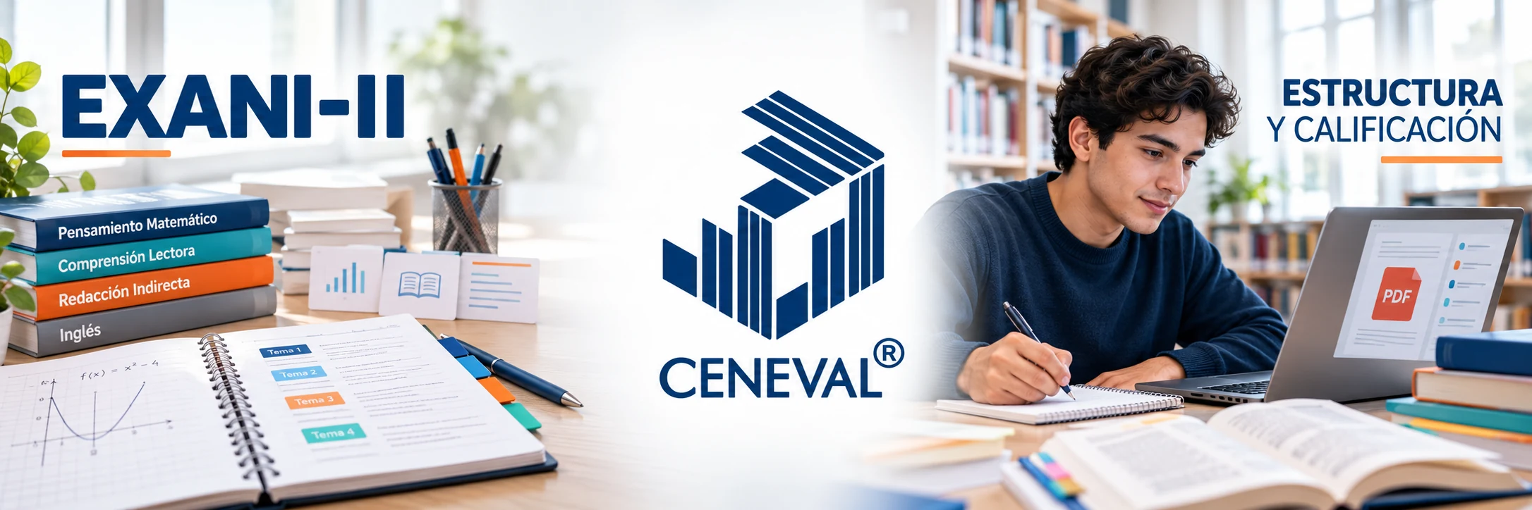 Estudiante revisando la estructura y calificación del EXANI-II con libros de pensamiento matemático, comprensión lectora, redacción indirecta e inglés