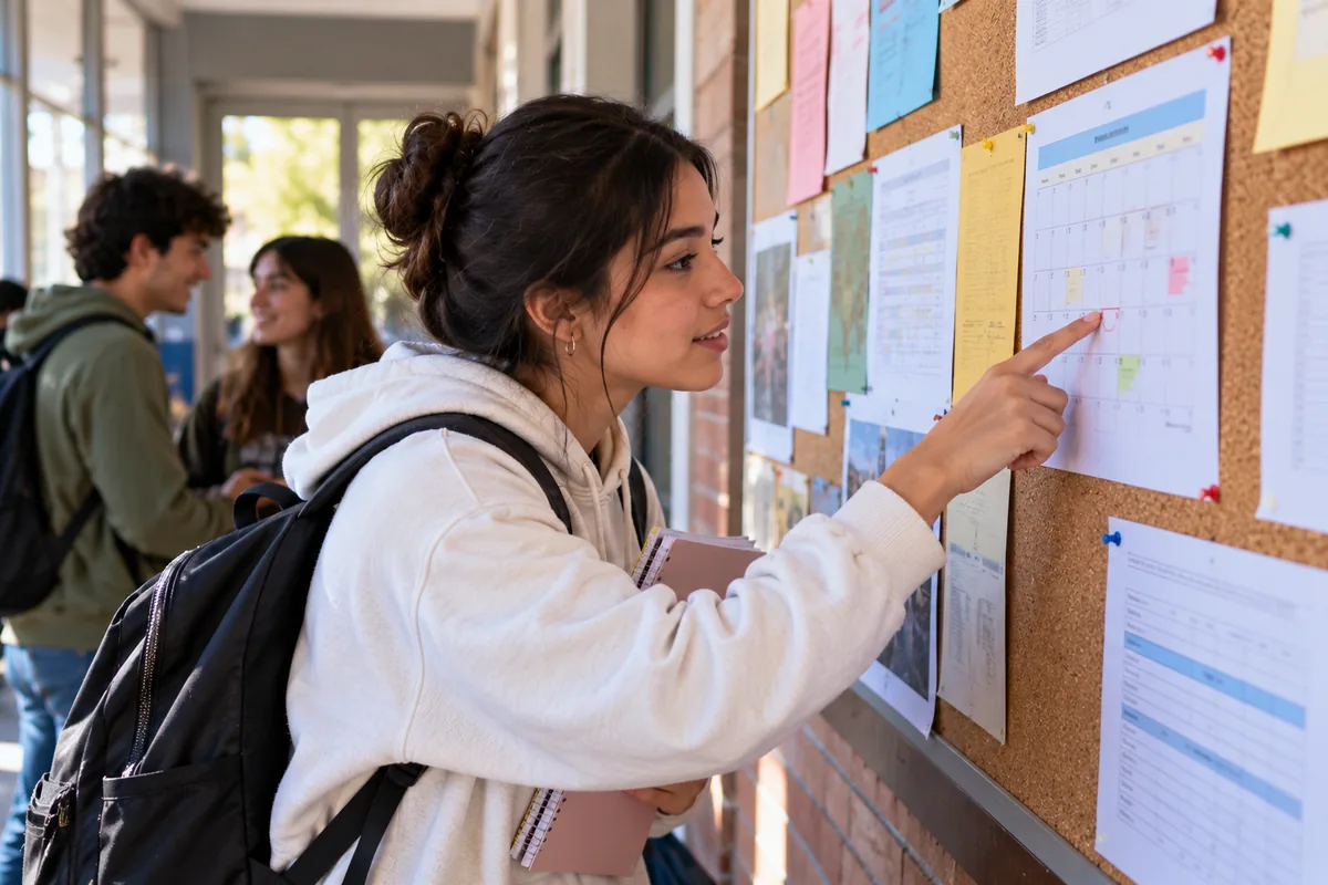 Cuándo abren las inscripciones para becas Progresar: estudiante señalando una fecha en la cartelera escolar
