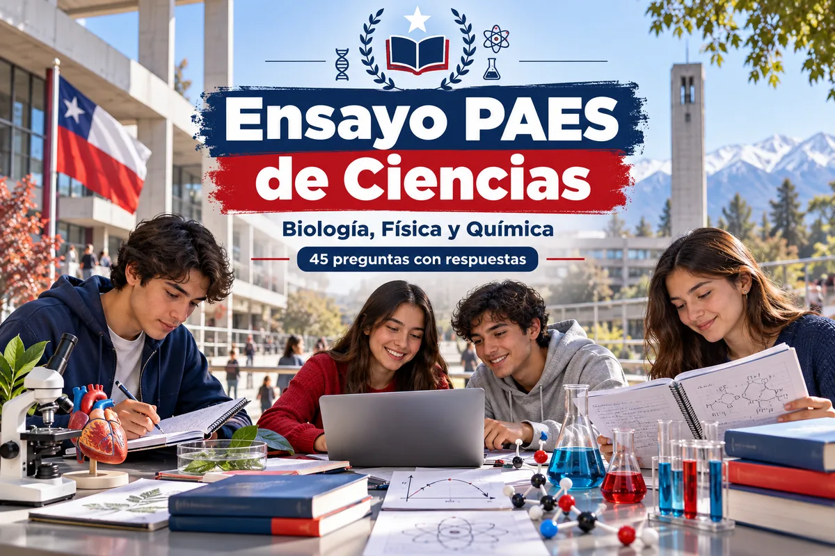 Estudiantes con microscopio y matraces preparan el ensayo PAES de Ciencias: Biología, Física y Química