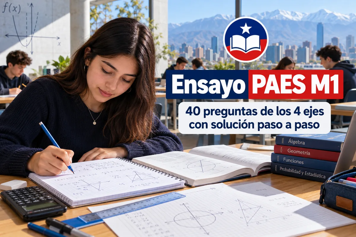 Estudiante resuelve ejercicios de geometría y funciones del ensayo PAES Matemática M1