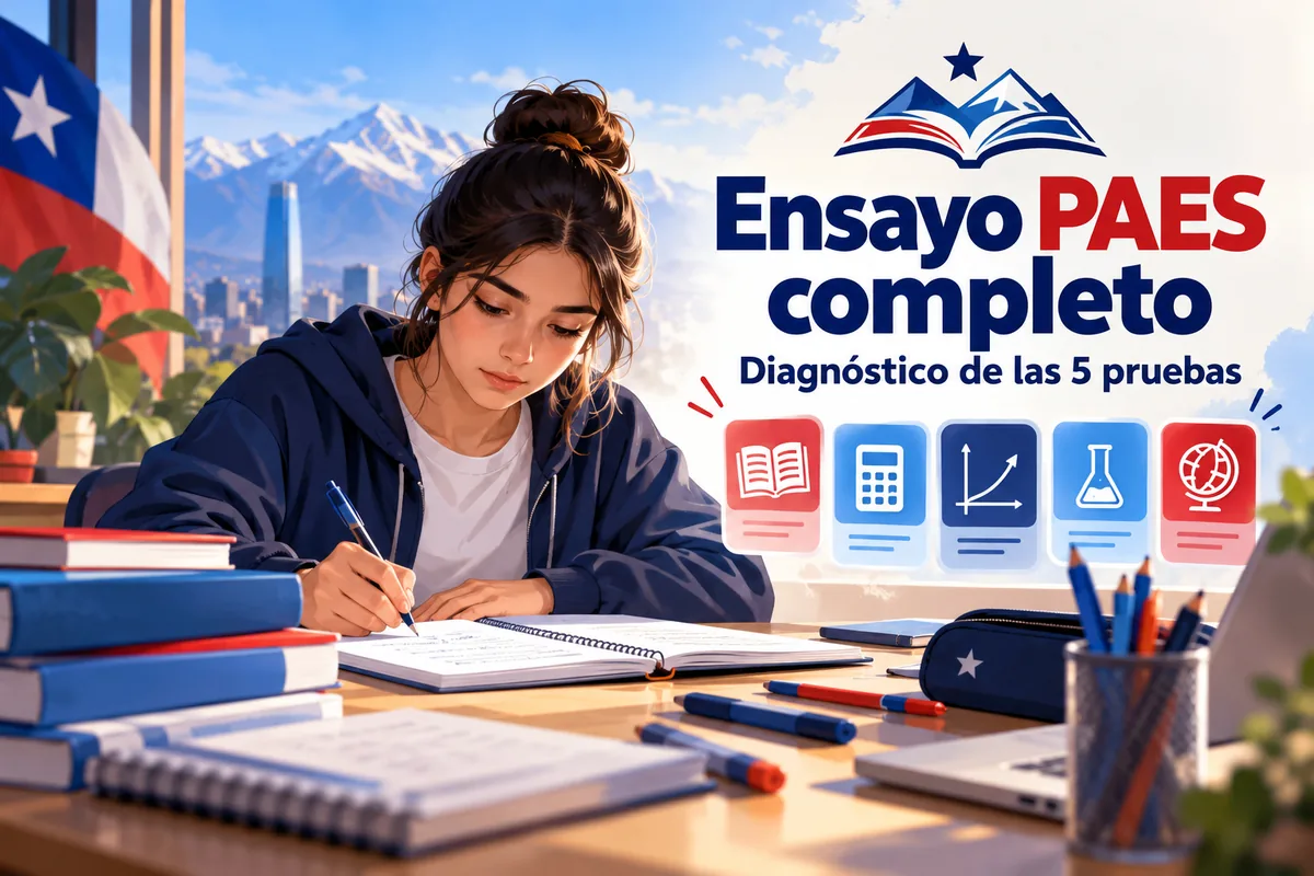 Estudiante resuelve un ensayo PAES completo con las 5 pruebas: Lectora, M1, M2, Ciencias e Historia