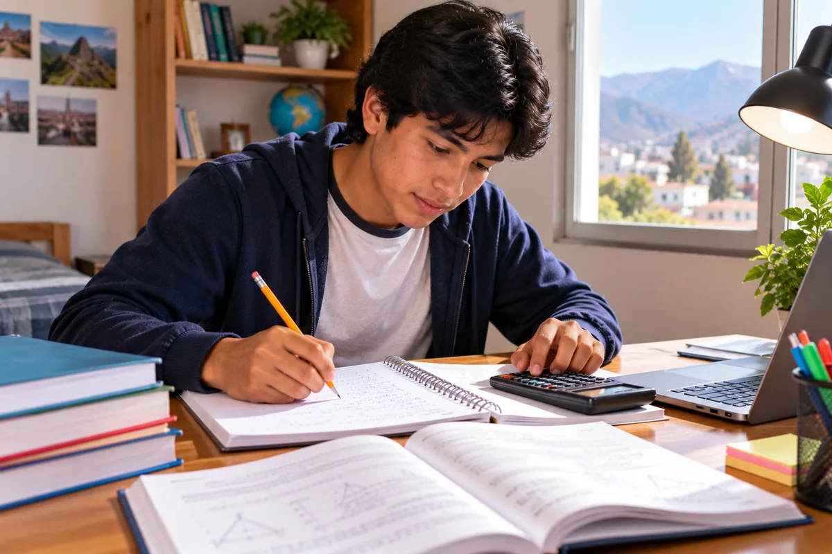 Estudiante repasando el temario de Beca 18 con cuaderno y calculadora