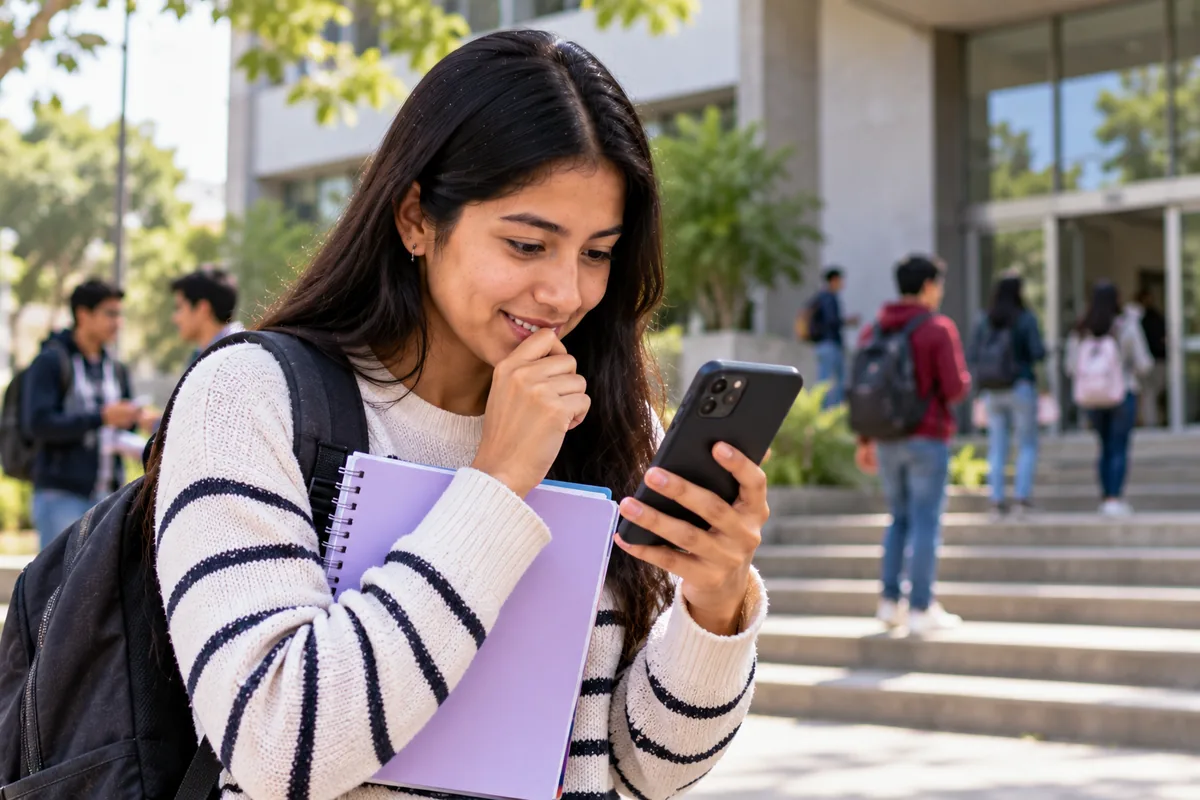 Estudiante revisando la lista de aptos ENP de Beca 18 en su celular
