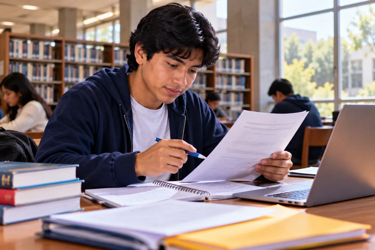 Estudiante revisando los requisitos de Pronabec permanencia en la biblioteca de su universidad