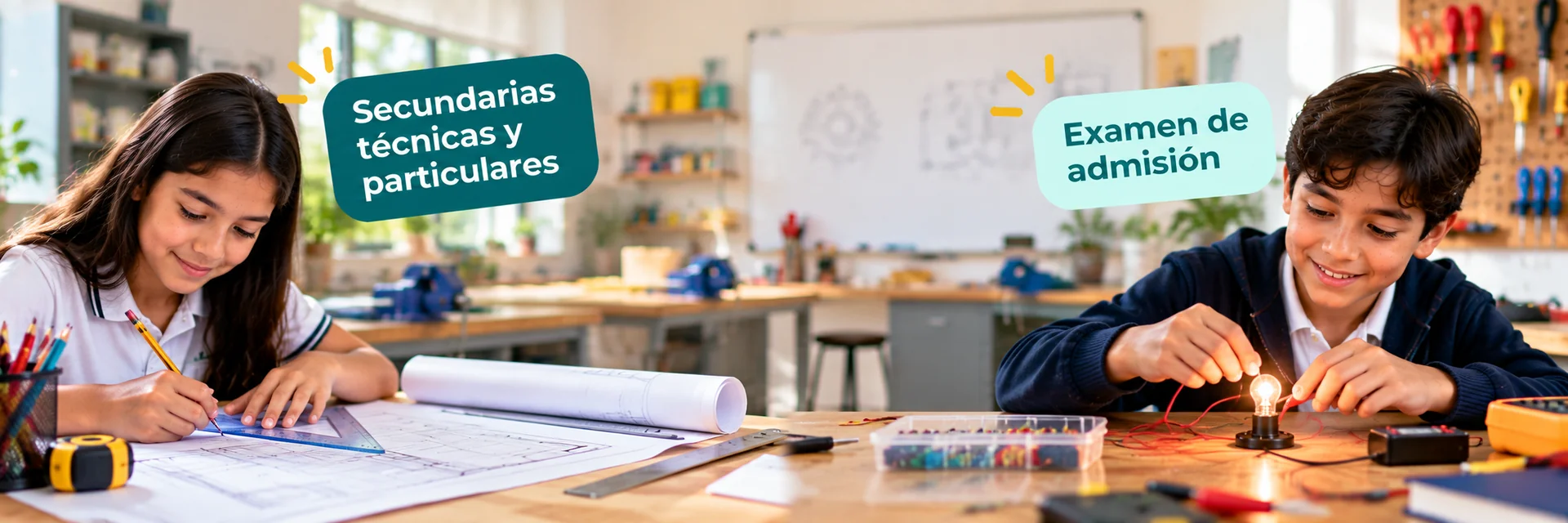 Alumnos en un taller con planos y circuito, examen de admisión a secundarias técnicas y particulares