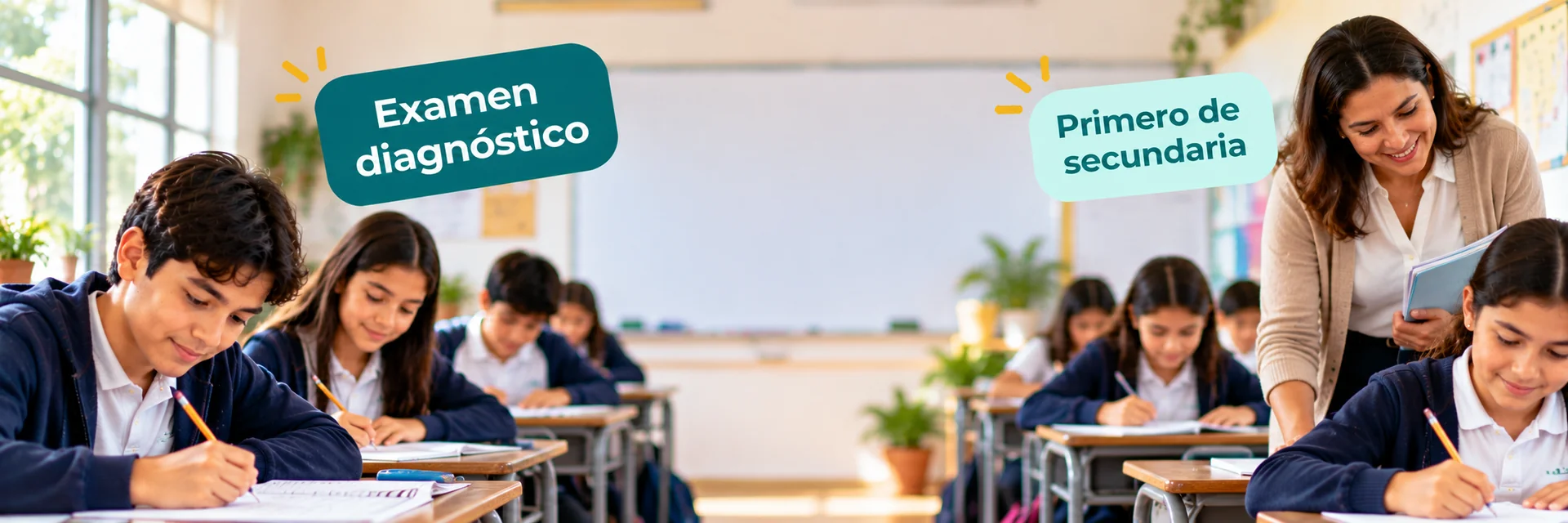 Alumnos de primero de secundaria resolviendo el examen diagnóstico en el salón con su maestra