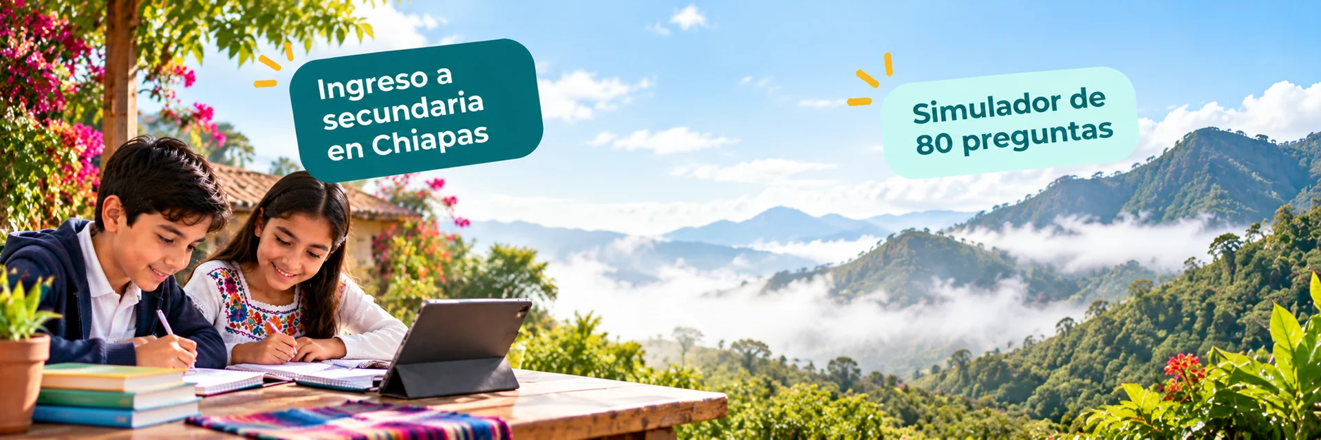 Niño y niña estudiando frente a montañas con neblina, simulador de 80 preguntas del examen de ingreso a secundaria en Chiapas