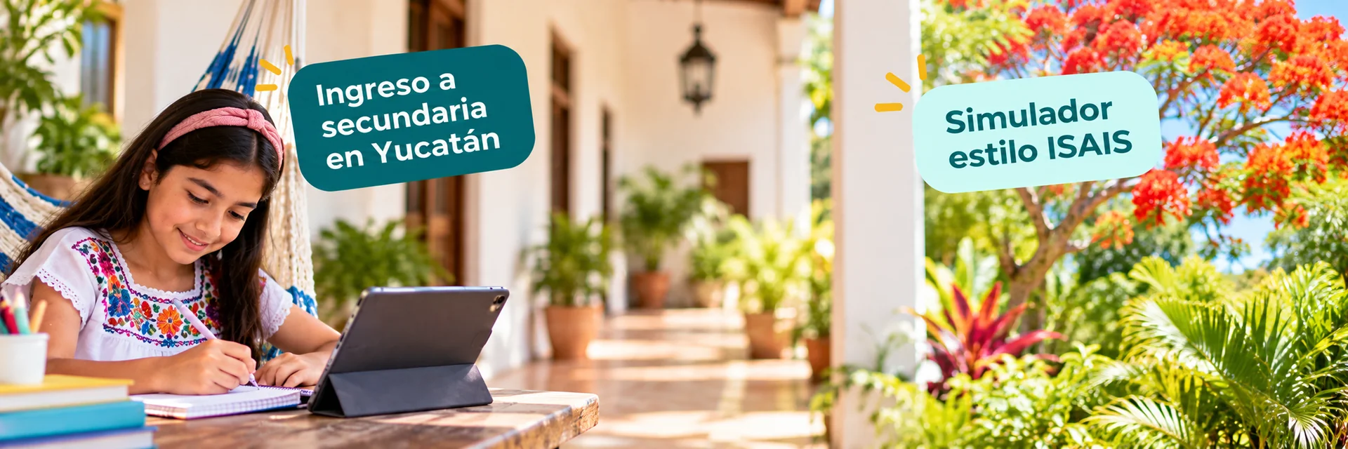 Niña estudiando en un corredor con hamaca, simulador estilo ISAIS del examen de ingreso a secundaria en Yucatán