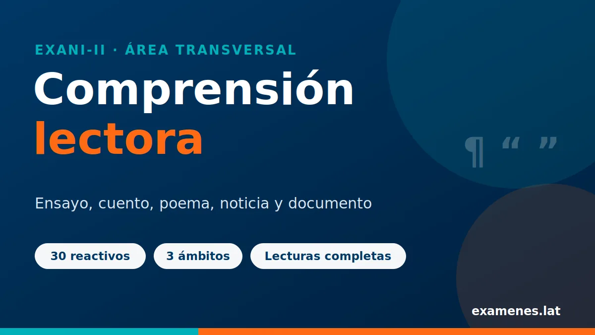 Portada de comprensión lectora EXANI-II con lecturas de ensayo, cuento, poema y noticia