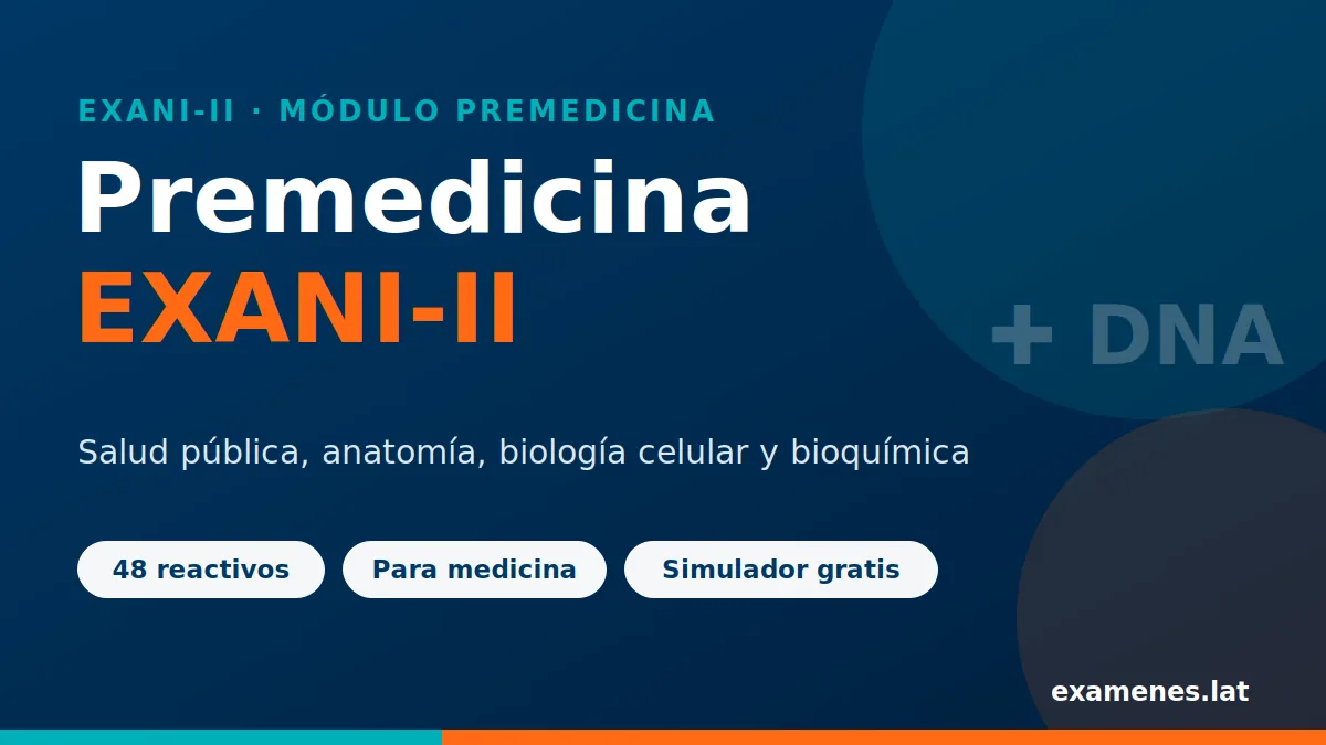 Portada del simulador del módulo Premedicina del EXANI-II con salud pública, anatomía, biología celular y bioquímica