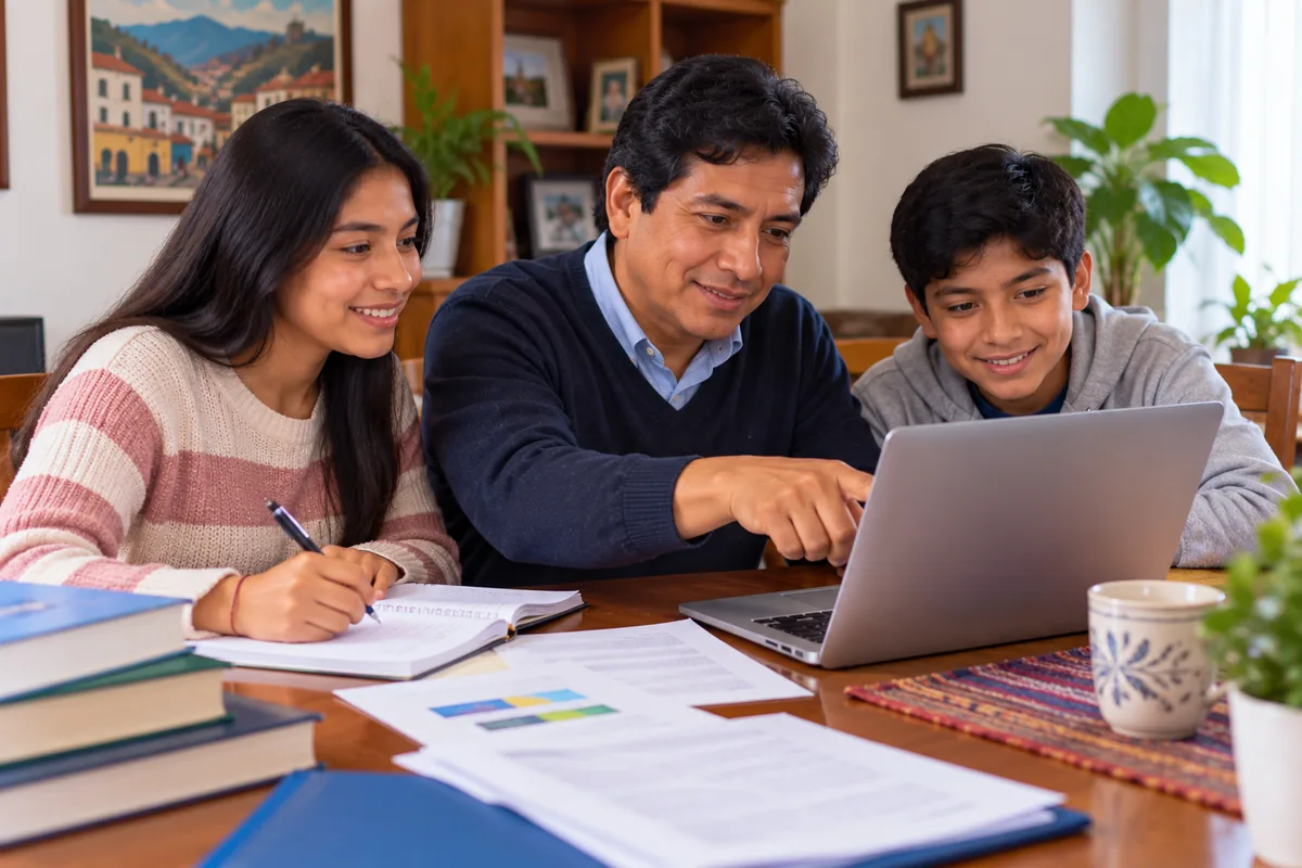 Familia de maestro revisando requisitos de Pronabec hijos de docentes