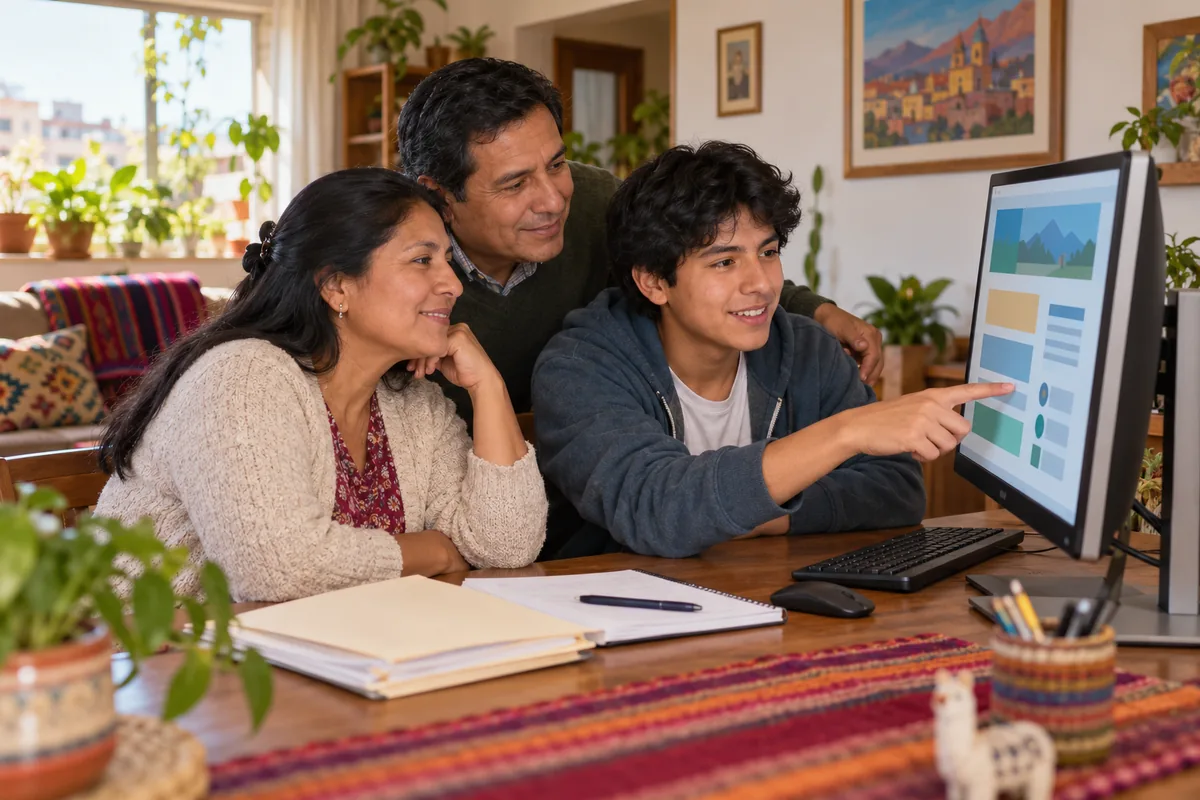 Familia revisando las bases de Beca 18 en una computadora