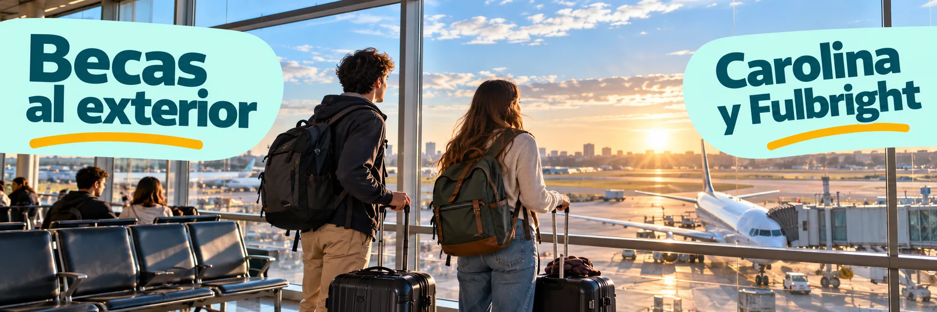 Fundación Carolina becas panorámica de un aeropuerto con estudiantes viajando