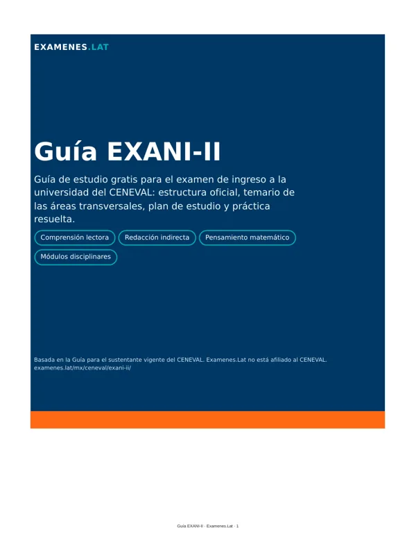 Portada de la Guía EXANI-II gratis de Examenes.Lat con las áreas Comprensión lectora, Redacción indirecta, Pensamiento matemático y Módulos disciplinares