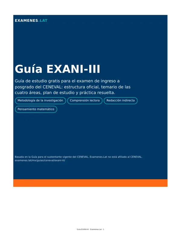 Portada de la Guía EXANI-III gratis de Examenes.Lat con metodología de la investigación, comprensión lectora, redacción indirecta y pensamiento matemático