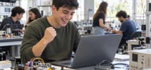 Inscripción becas Manuel Belgrano: estudiante de ingeniería celebrando su beca