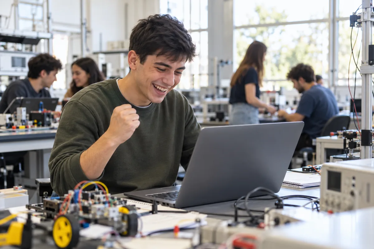 Inscripción becas Manuel Belgrano: estudiante de ingeniería celebrando su beca