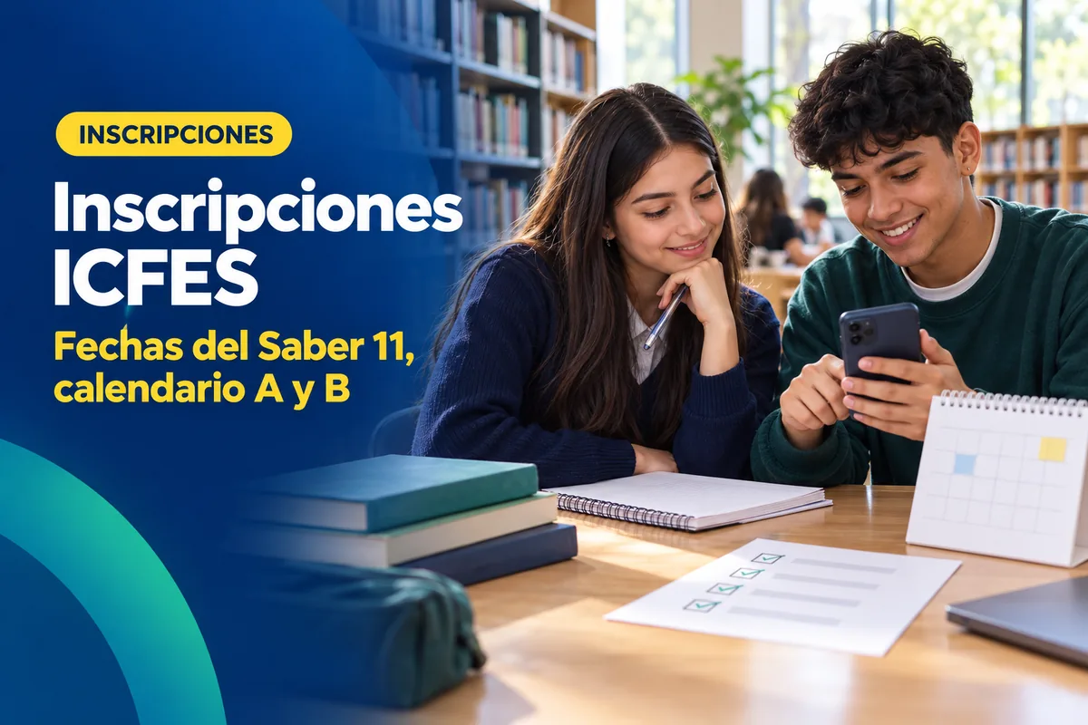 Dos estudiantes colombianos revisan en un celular y una libreta los pasos de la inscripción al ICFES Saber 11