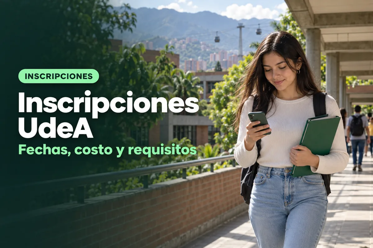 Aspirante con carpeta verde camina por la Ciudad Universitaria de la Universidad de Antioquia (UdeA) en Medellín revisando su inscripción en el celular