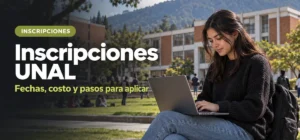 Aspirante completa en su laptop la inscripción al examen de admisión de la Universidad Nacional (UNAL) en la Ciudad Universitaria de Bogotá