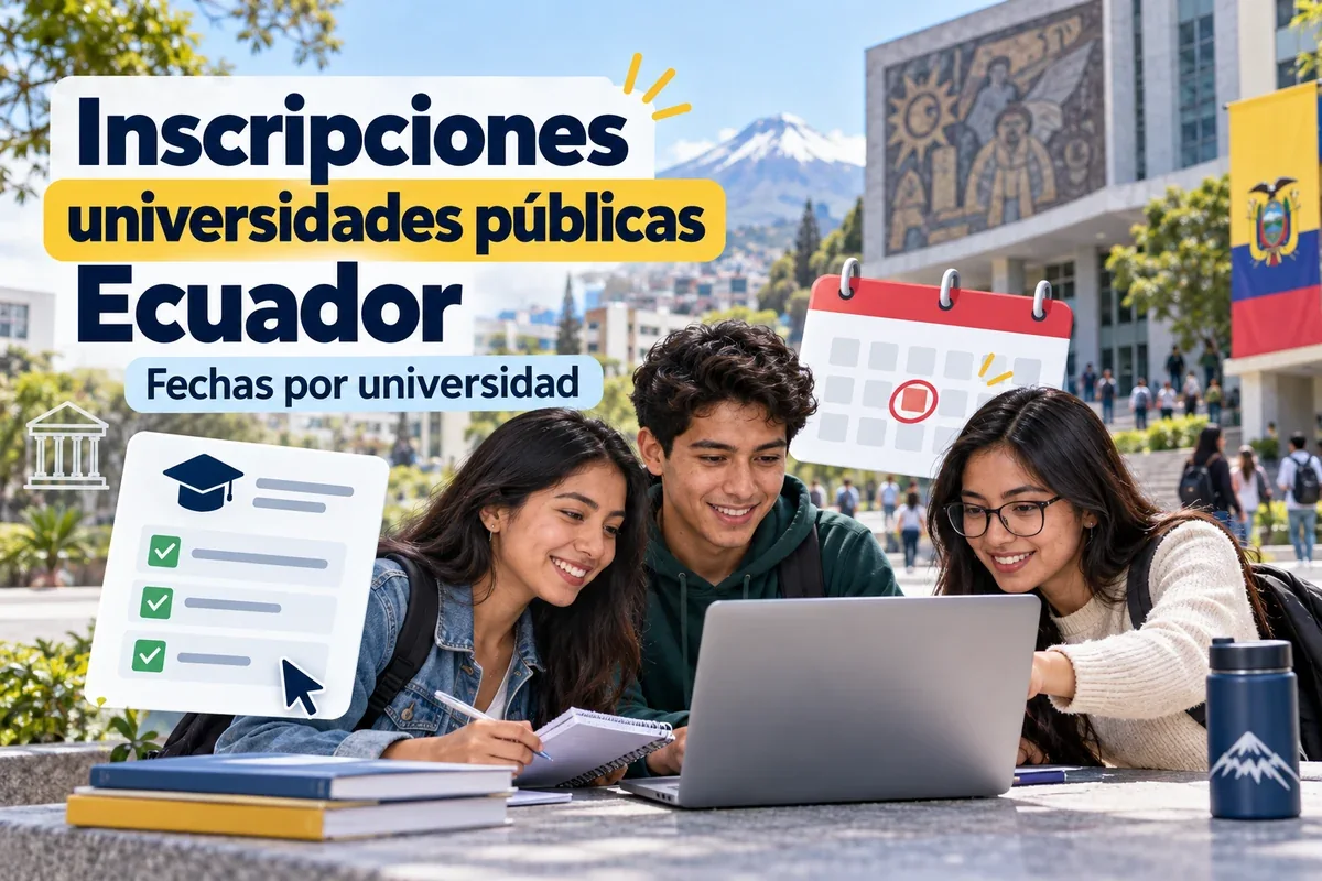 Aspirantes revisando en una laptop las fechas de inscripción de las universidades públicas del Ecuador