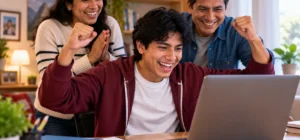 Joven celebrando al ver los resultados de Beca 18 en su laptop